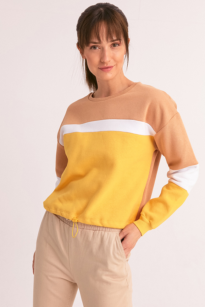Renk Bloklu Beli Lastikli Sweatshirt