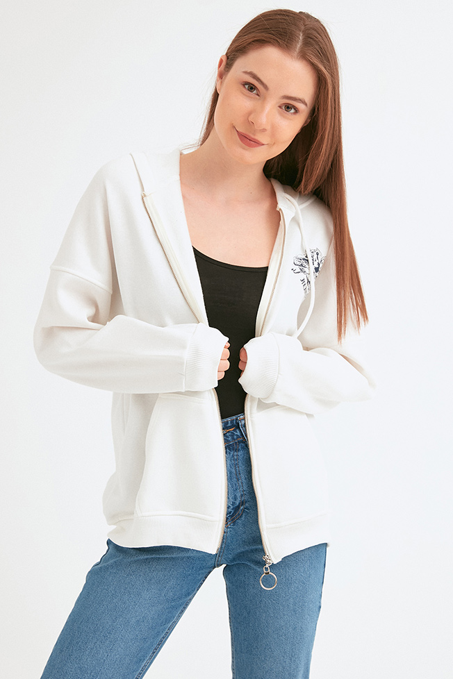 Kanguru Cepli Fermuarlı Baskılı Oversize Sweatshirt
