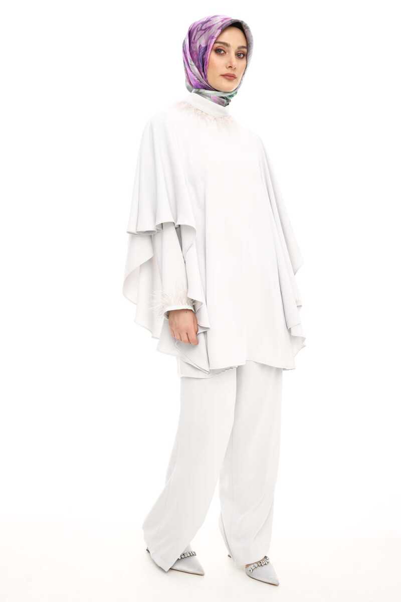 2427117 Tüy Detaylı Pelerinli Tunik-Pantolon Takım, Tesettür Giyim