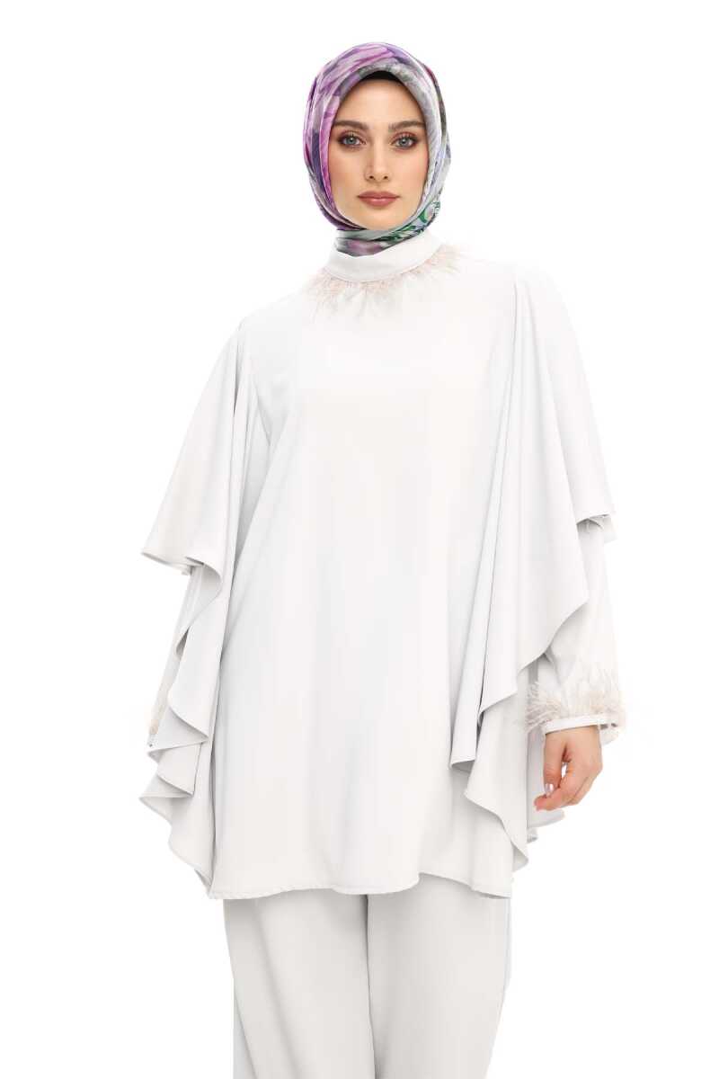 2427117 Tüy Detaylı Pelerinli Tunik-Pantolon Takım, Tesettür Giyim