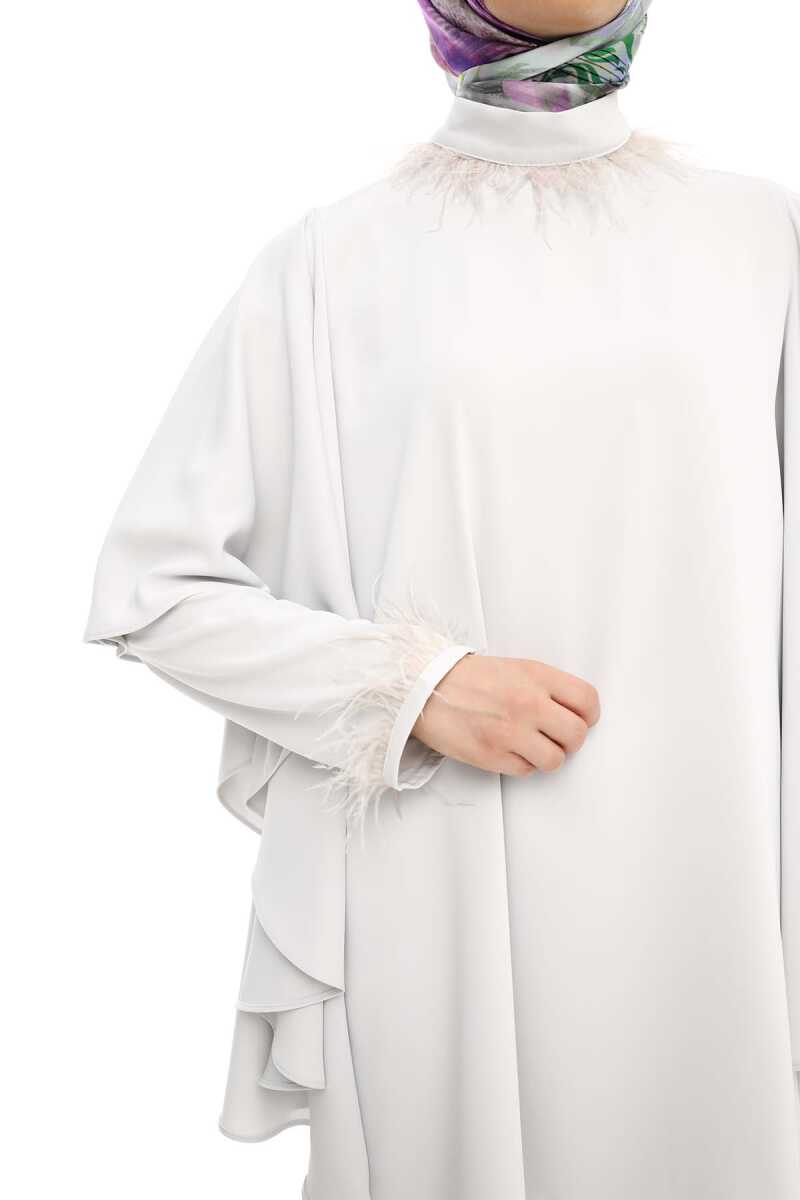 2427117 Tüy Detaylı Pelerinli Tunik-Pantolon Takım, Tesettür Giyim