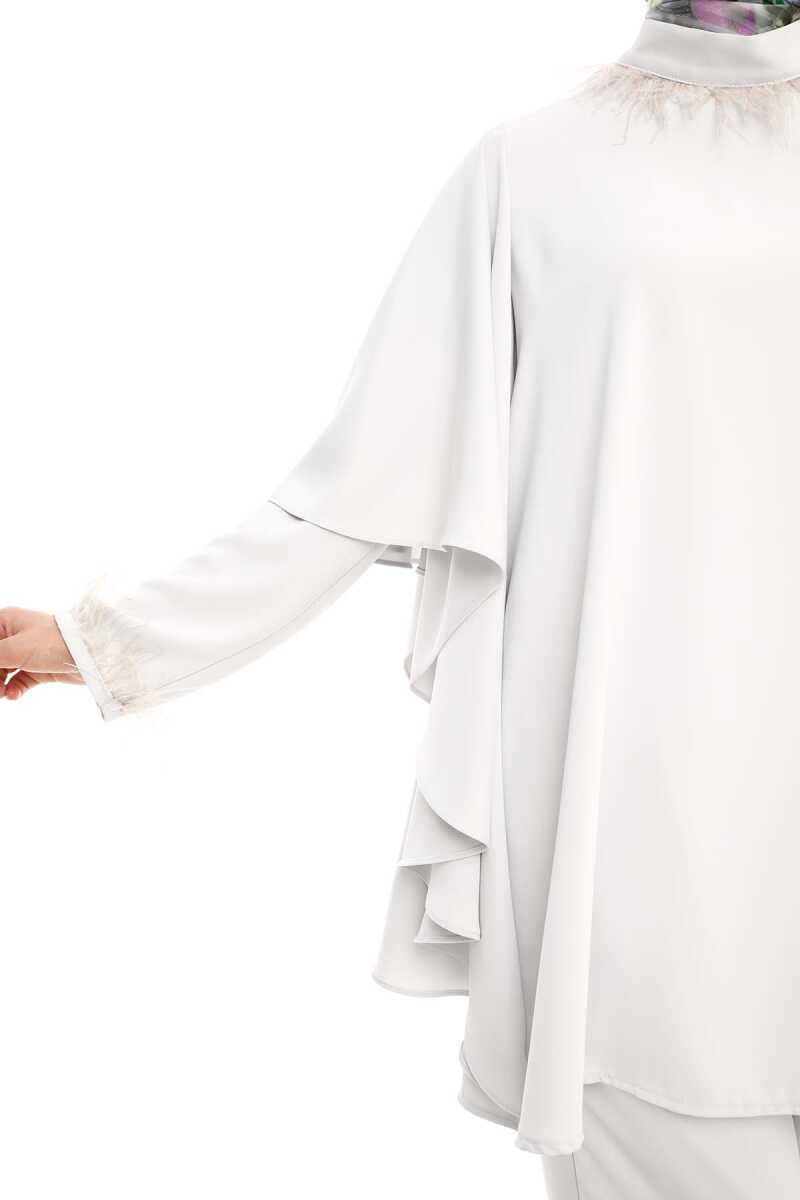 2427117 Tüy Detaylı Pelerinli Tunik-Pantolon Takım, Tesettür Giyim