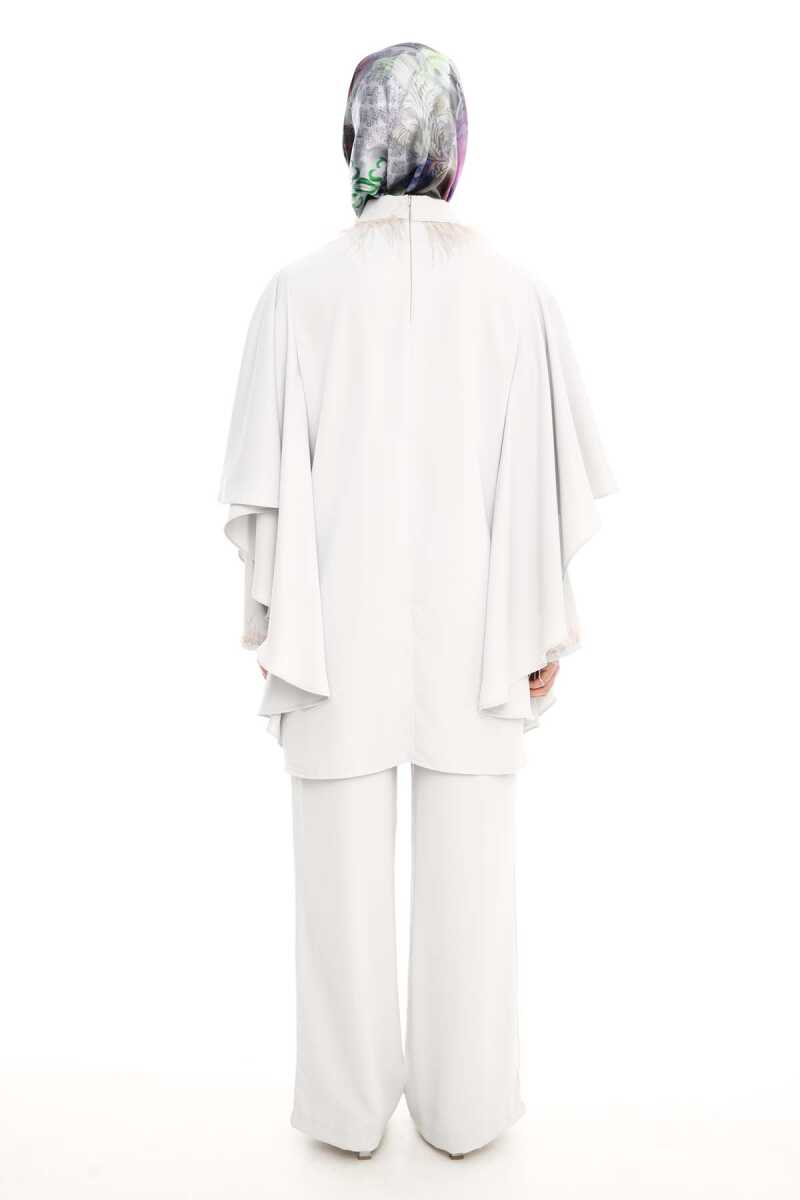 2427117 Tüy Detaylı Pelerinli Tunik-Pantolon Takım, Tesettür Giyim