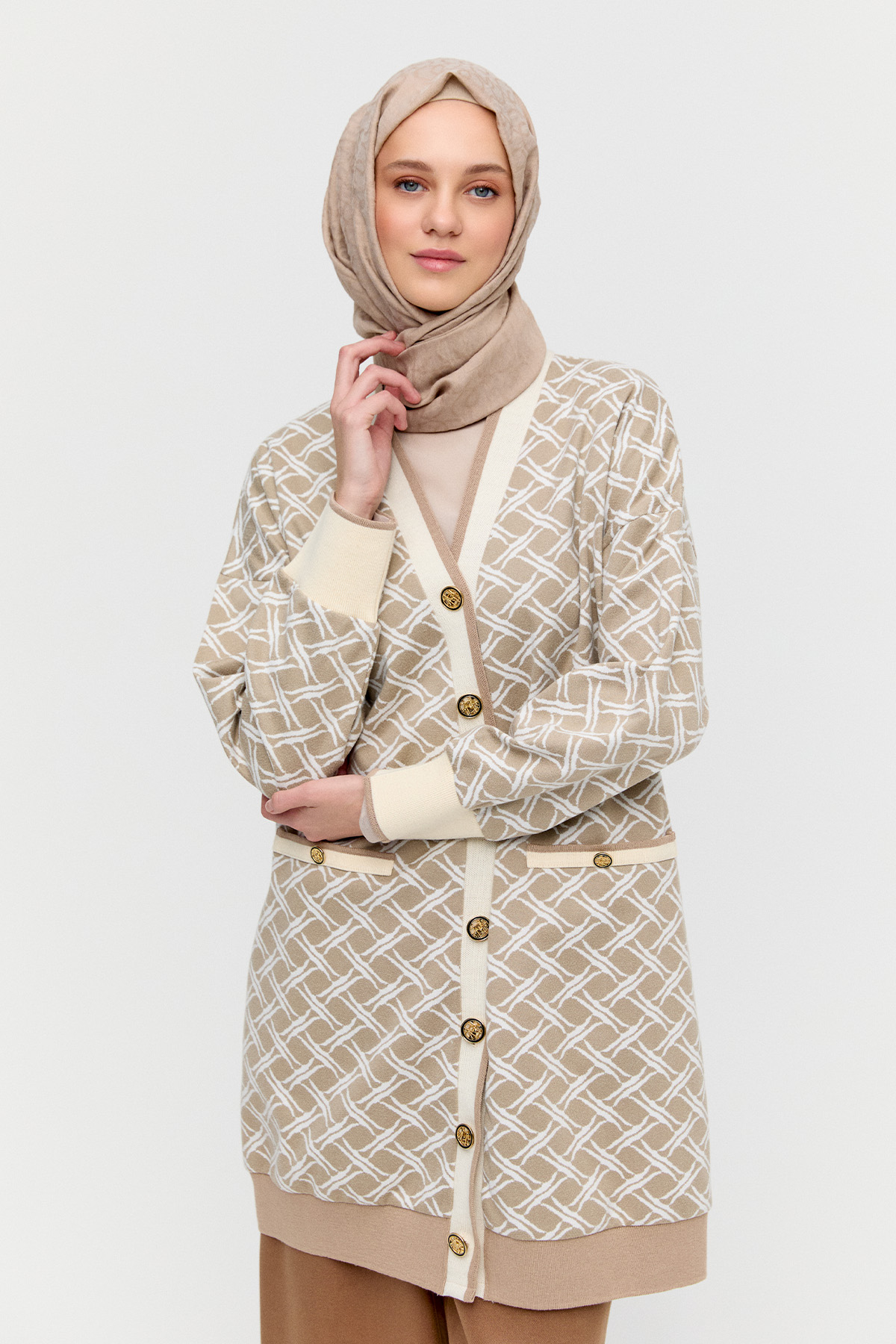 Desenli Ribanalı Triko Hırka, Tesettür Giyim