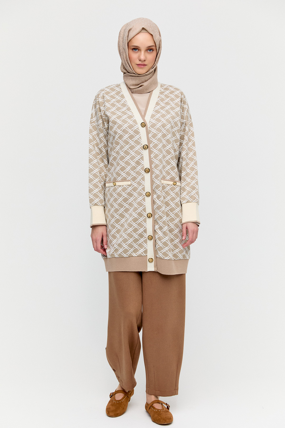 Desenli Ribanalı Triko Hırka, Tesettür Giyim