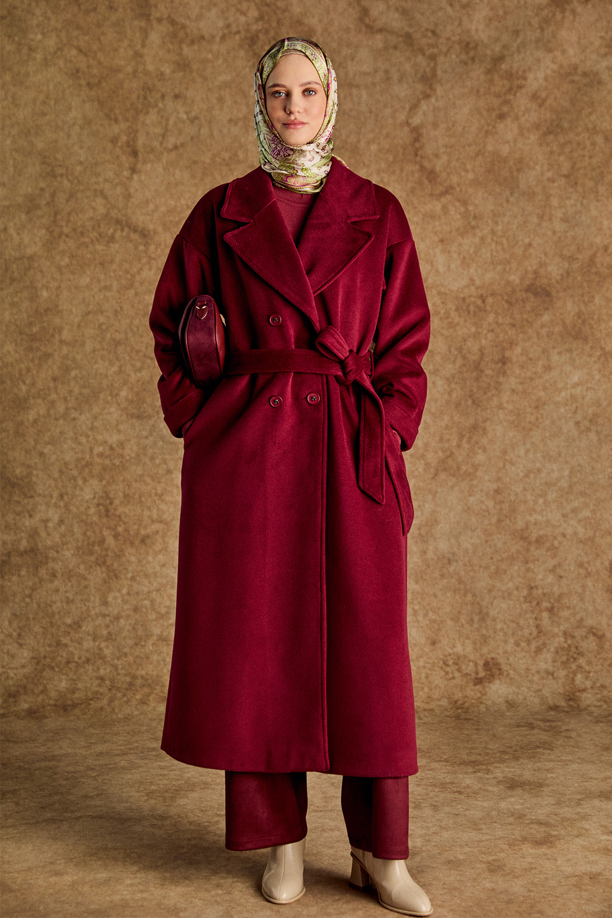 Kuşaklı Kruvaze Kaşe Kaban, Tesettür Giyim