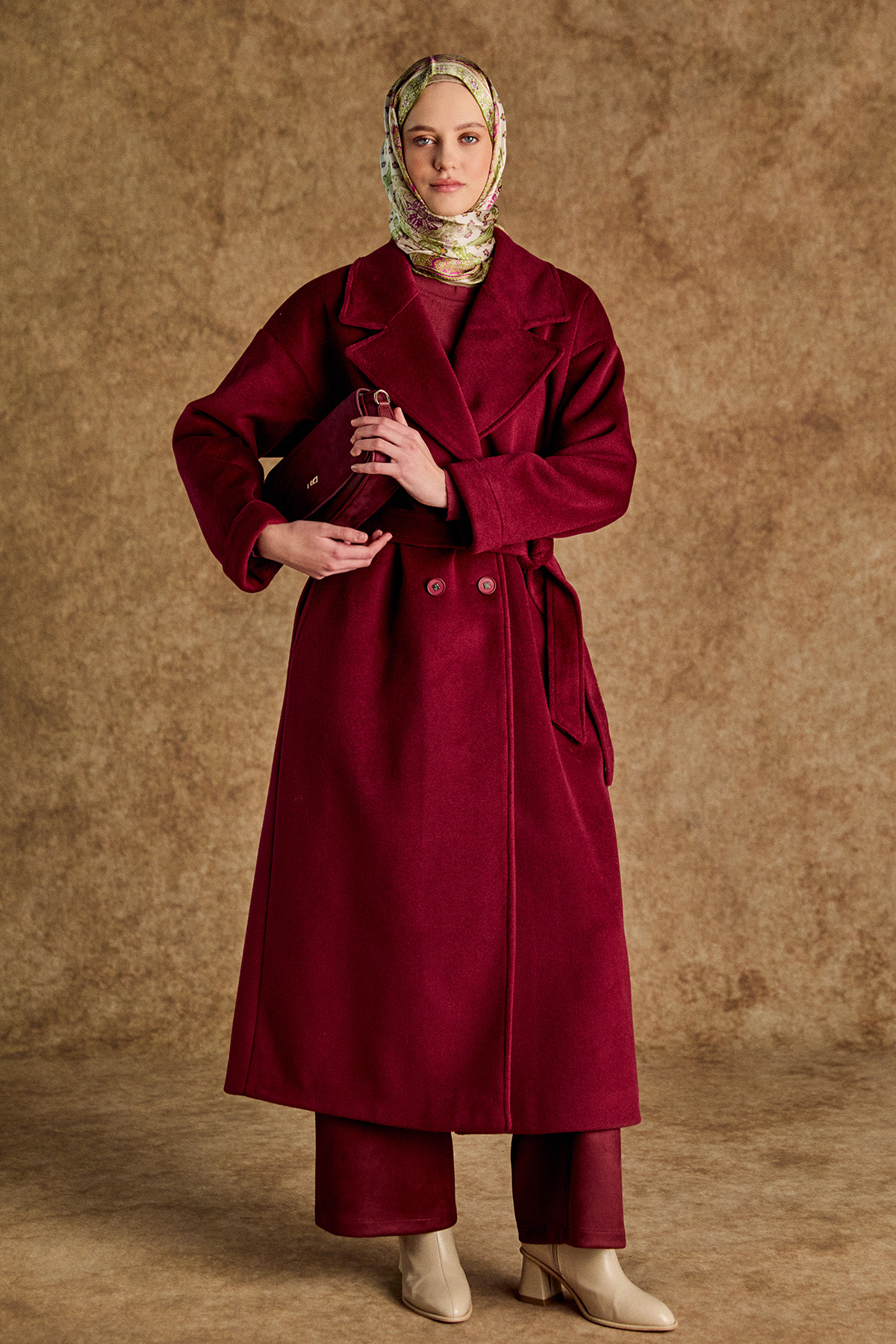 Kuşaklı Kruvaze Kaşe Kaban, Tesettür Giyim