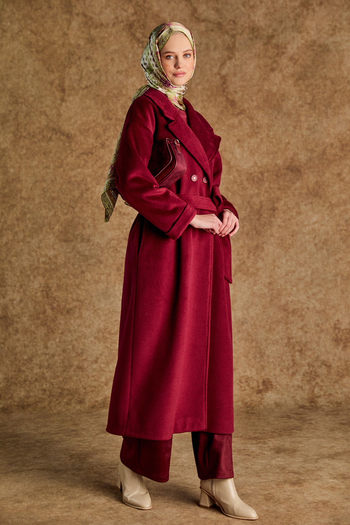 Kuşaklı Kruvaze Kaşe Kaban, Tesettür Giyim