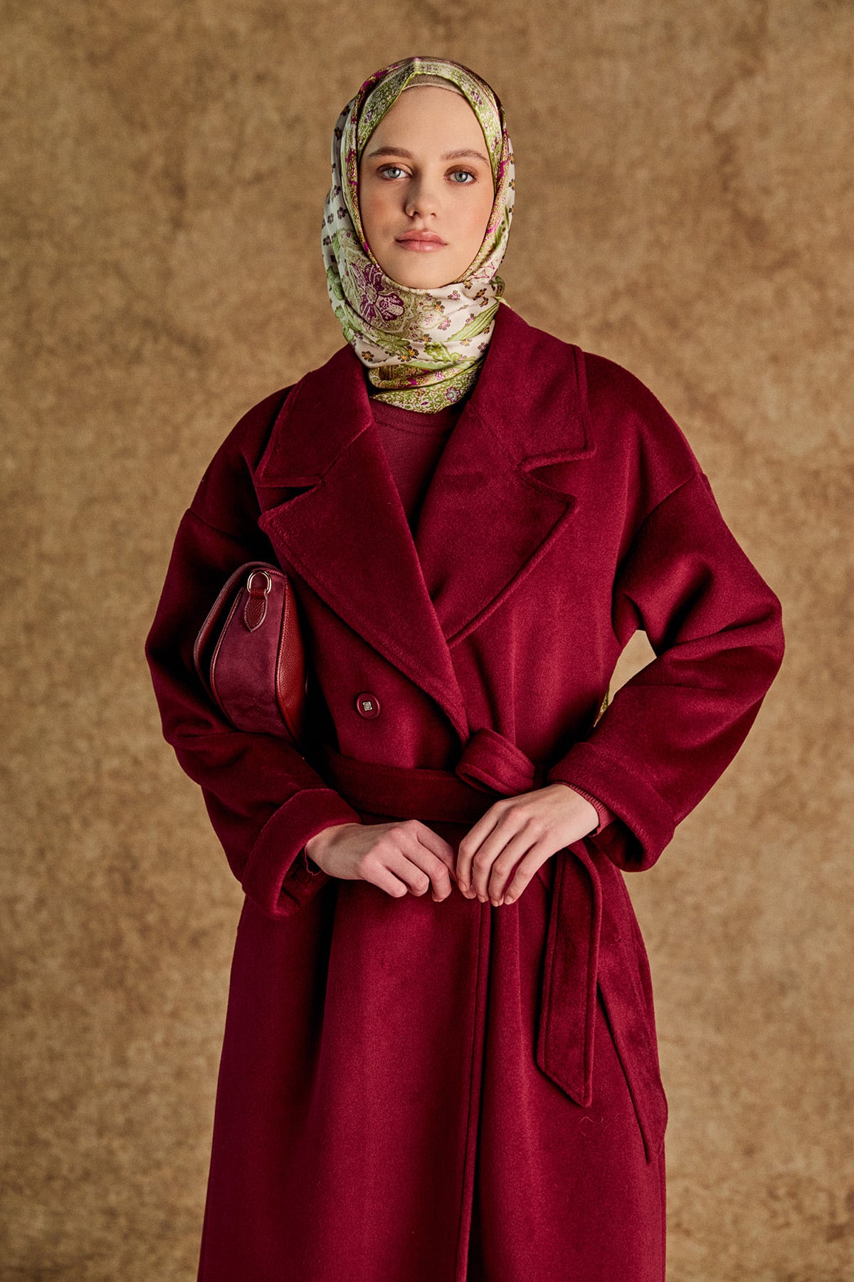 Kuşaklı Kruvaze Kaşe Kaban, Tesettür Giyim