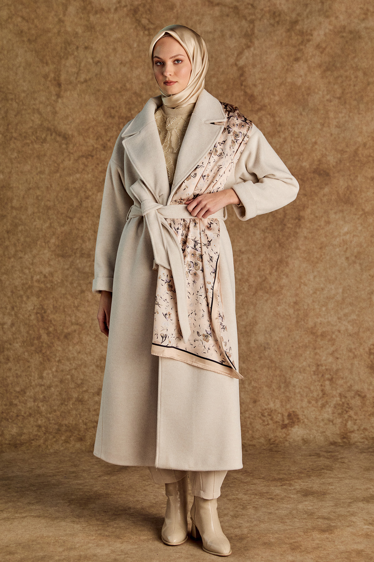 Kuşaklı Kruvaze Kaşe Kaban, Tesettür Giyim