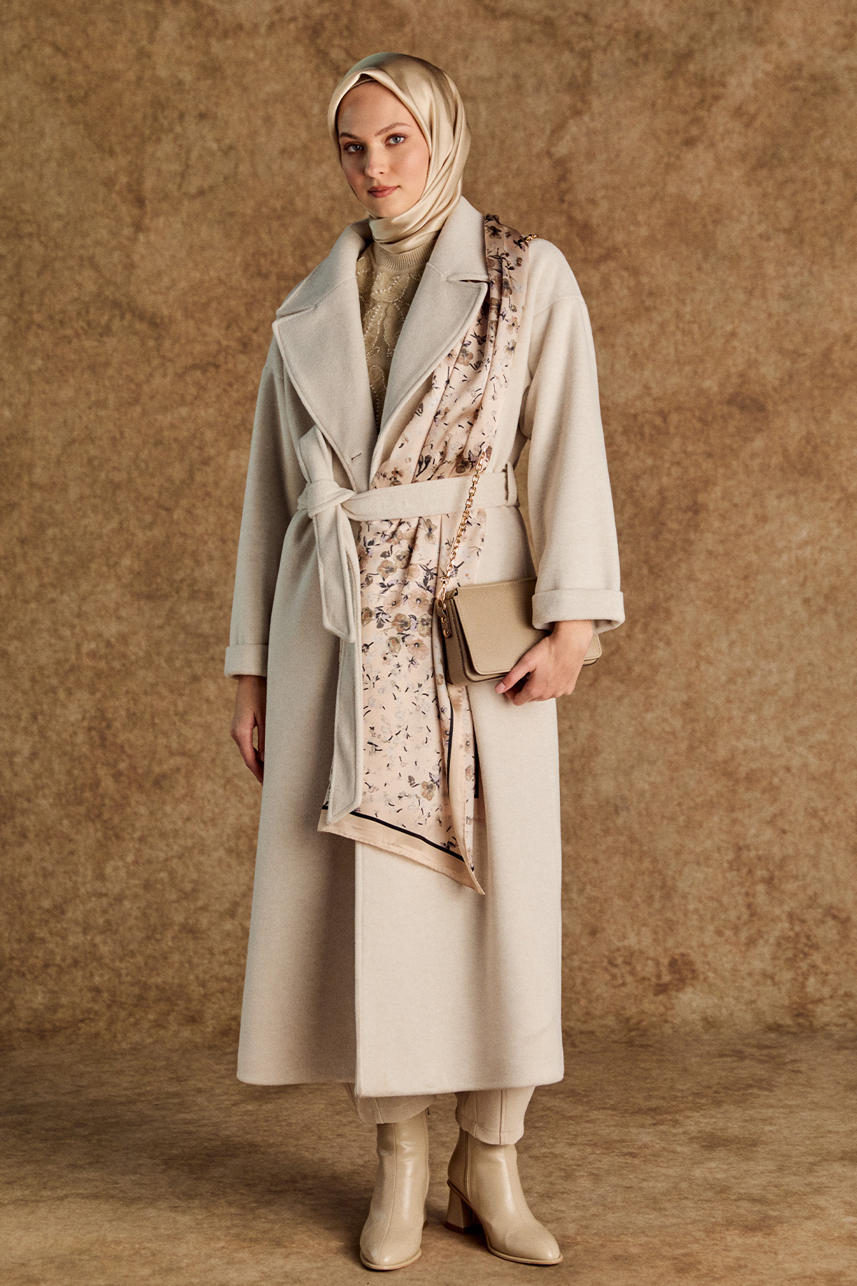 Kuşaklı Kruvaze Kaşe Kaban, Tesettür Giyim