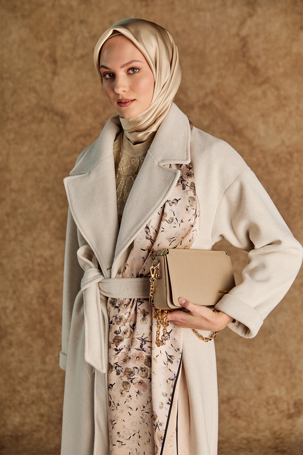 Kuşaklı Kruvaze Kaşe Kaban, Tesettür Giyim