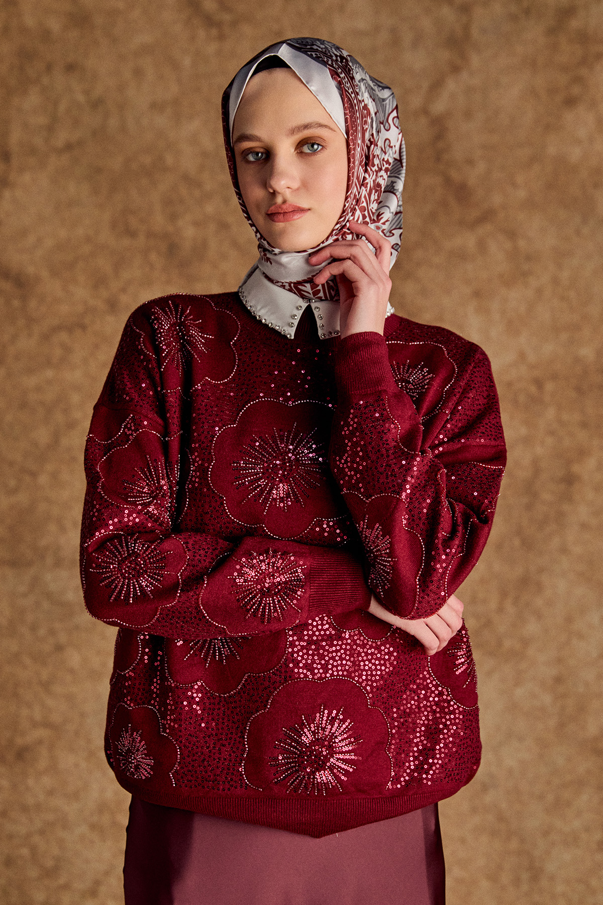 Çiçekli Yarım Balıkçı Triko Bluz, Tesettür Giyim