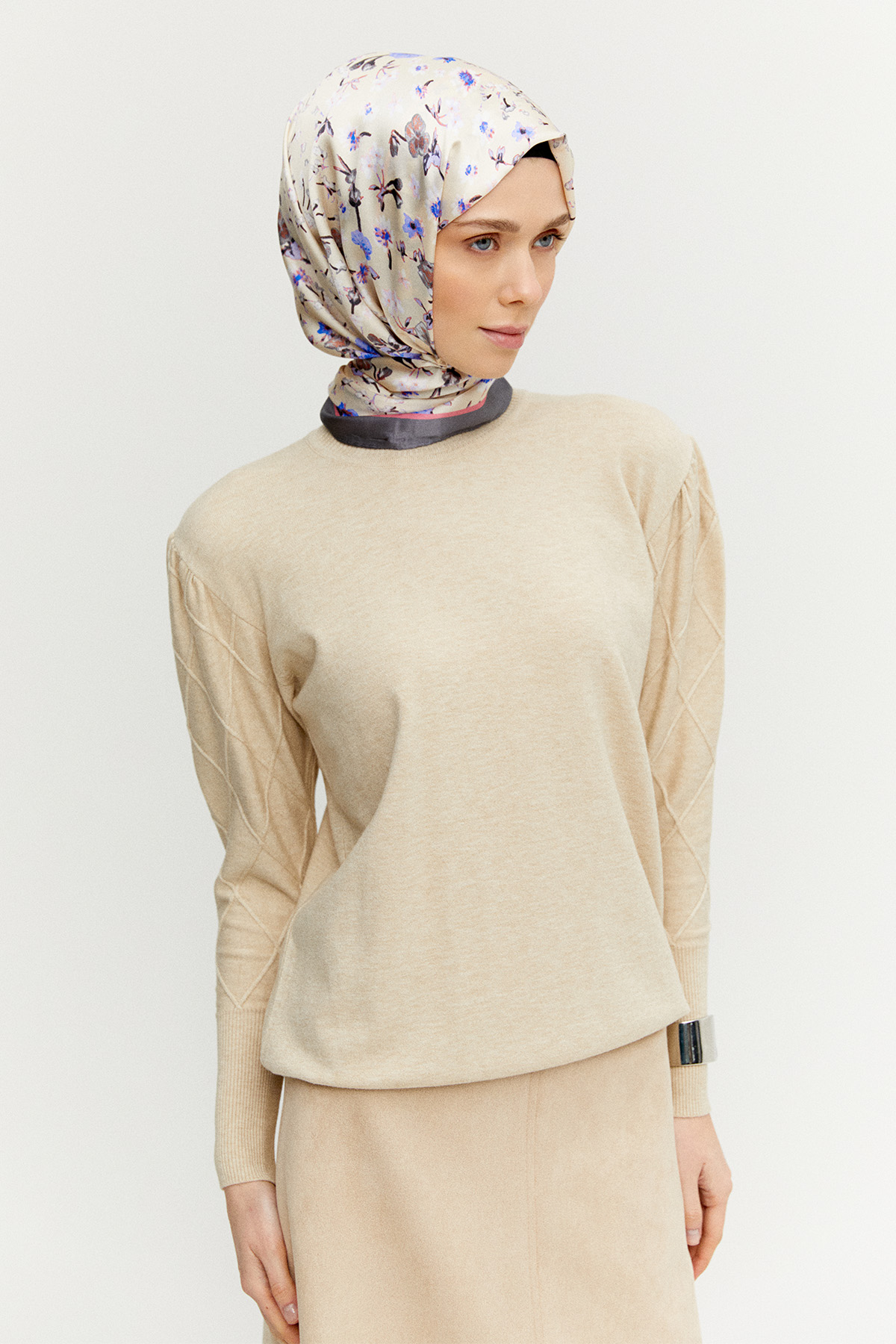 Baklava Desenli Ribanalı Triko Bluz, Tesettür Giyim