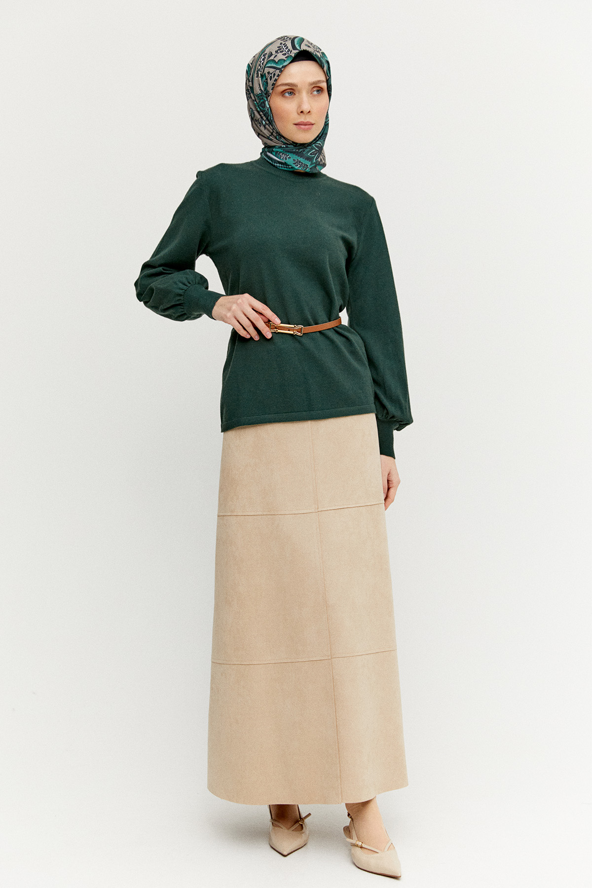 Kemerli Bisiklet Yaka Triko Bluz, Tesettür Giyim