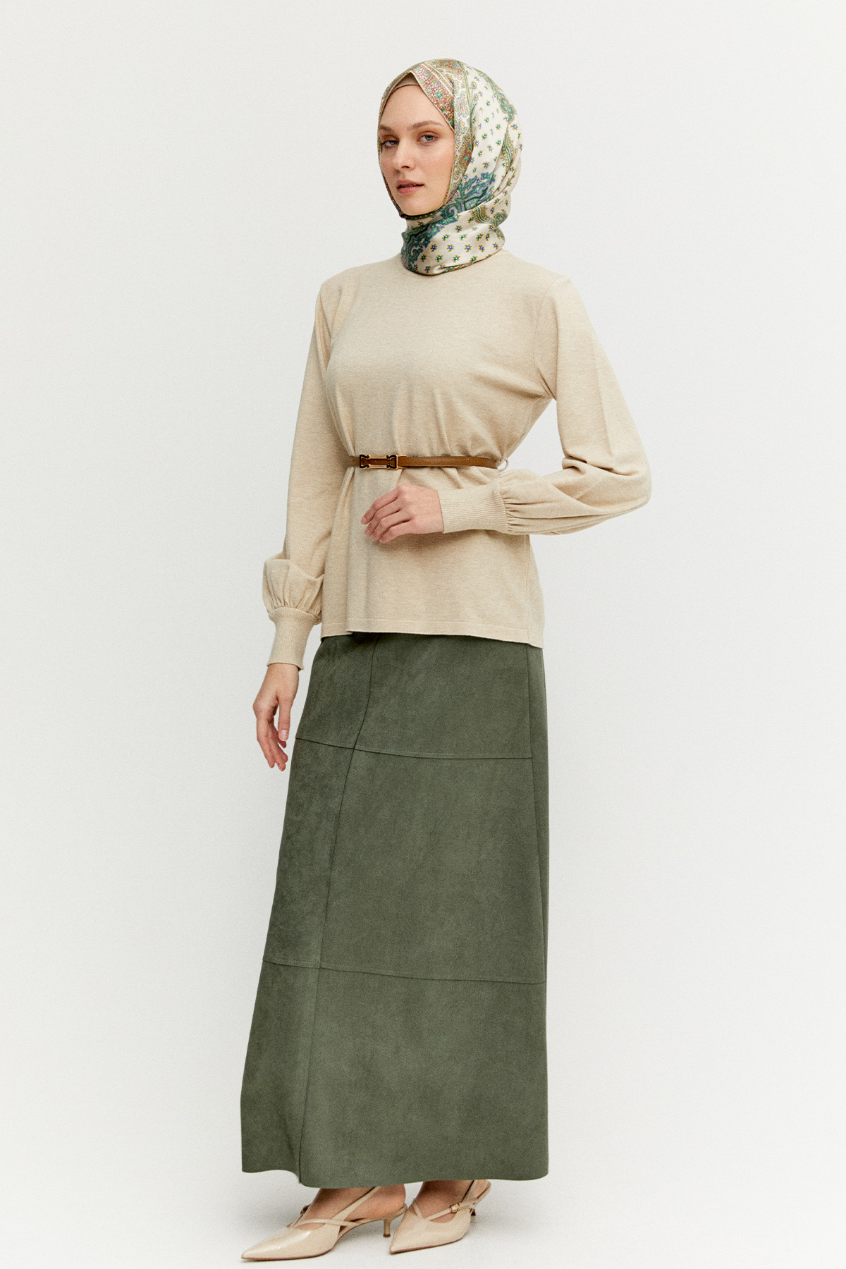 Kemerli Bisiklet Yaka Triko Bluz, Tesettür Giyim