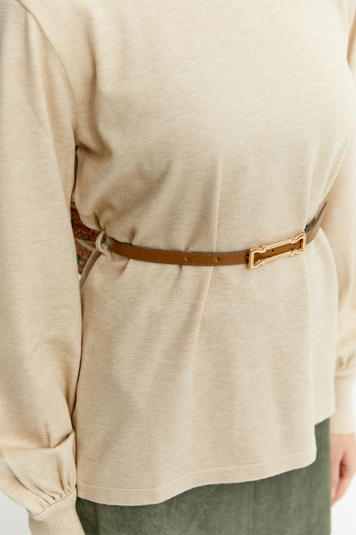 Kemerli Bisiklet Yaka Triko Bluz, Tesettür Giyim