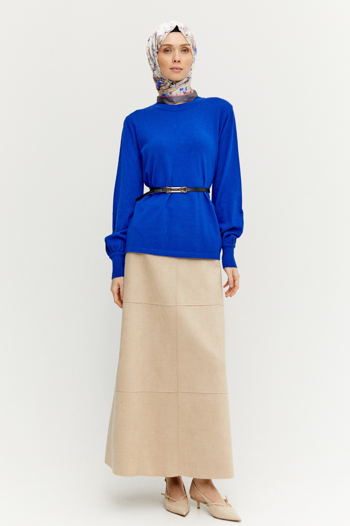 Kemerli Bisiklet Yaka Triko Bluz, Tesettür Giyim