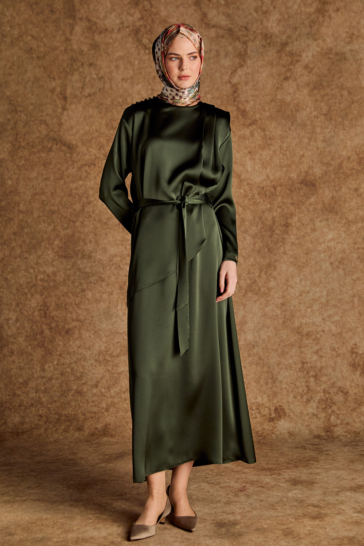 Drapeli Saten Elbise, Tesettür Giyim