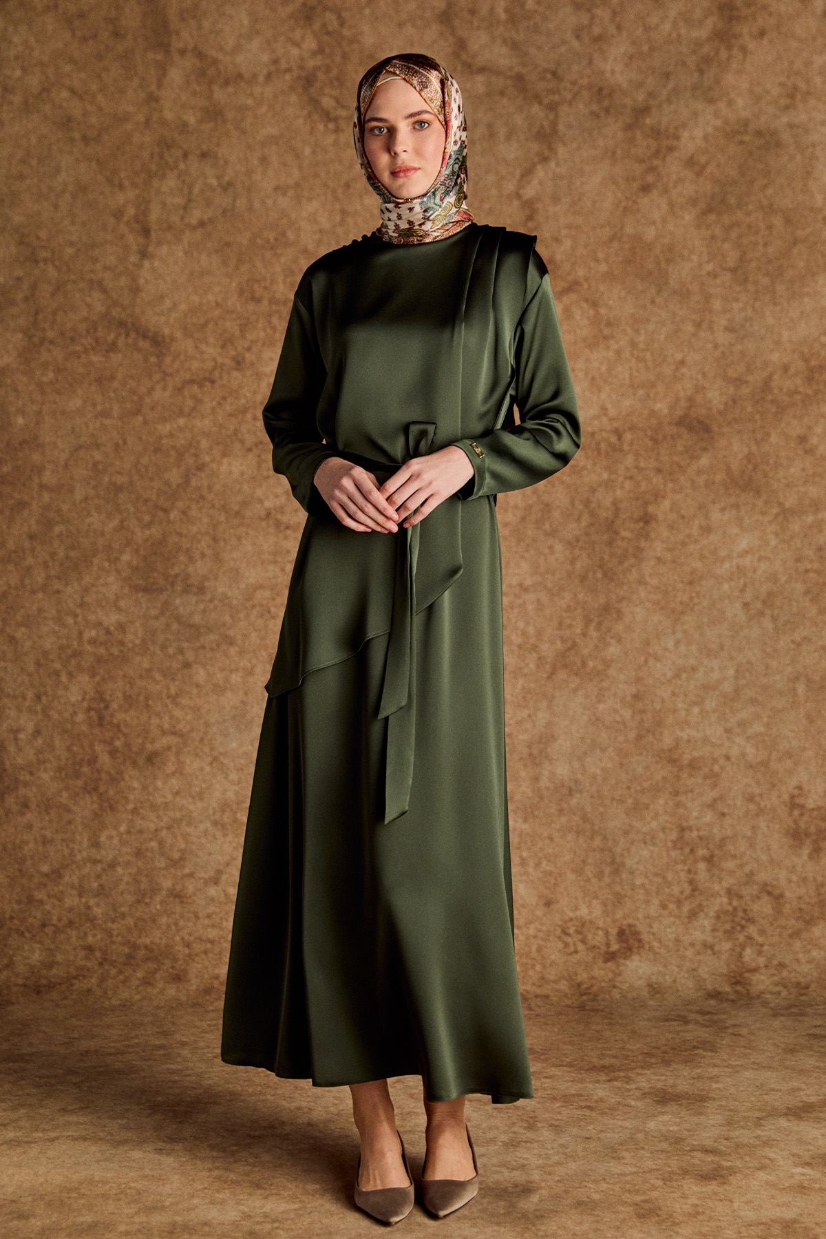 Drapeli Saten Elbise, Tesettür Giyim