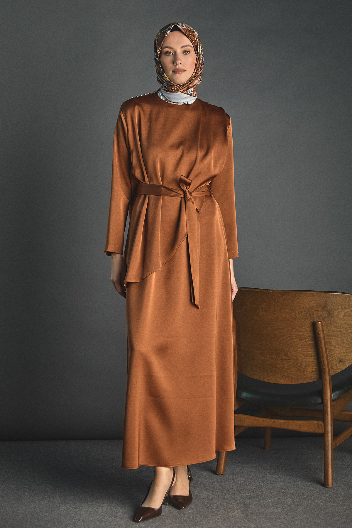 Drapeli Saten Elbise, Tesettür Giyim