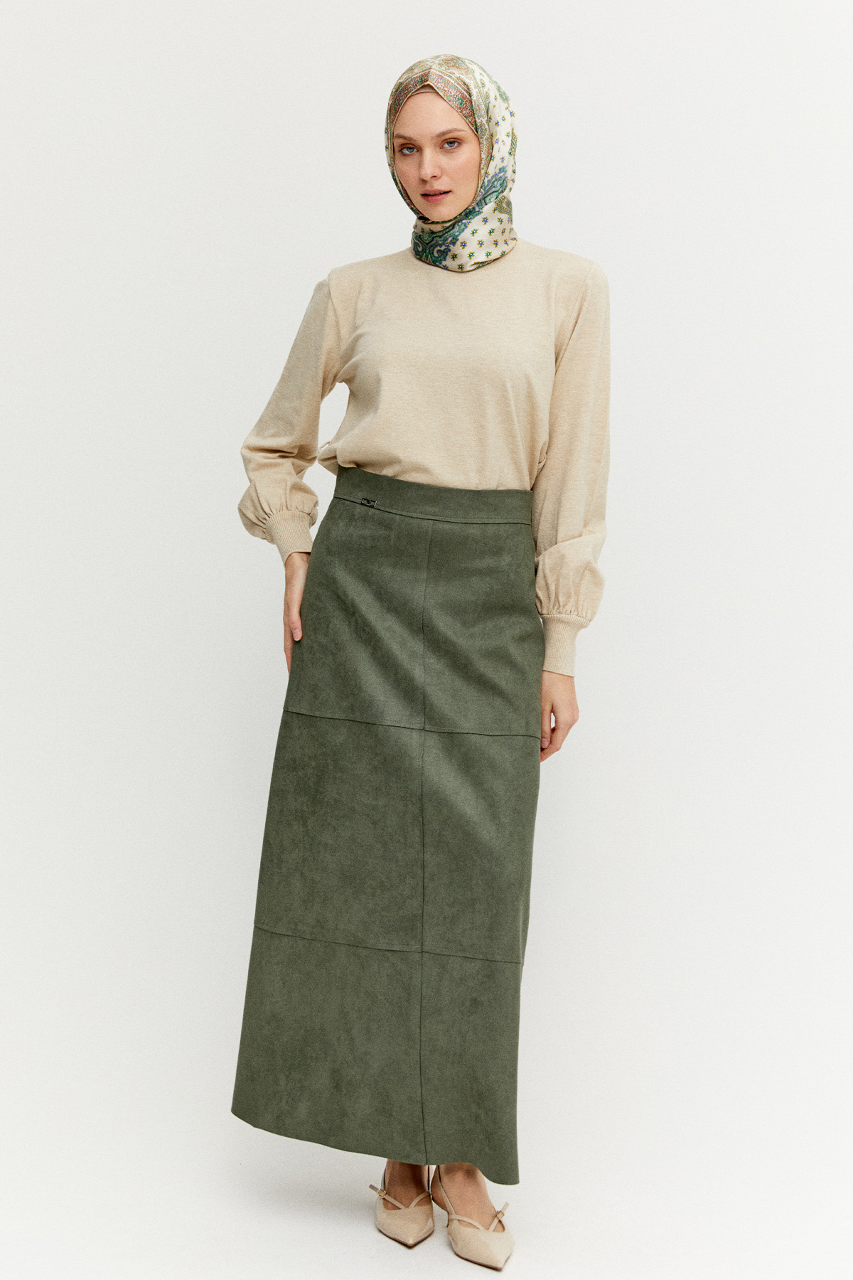 Parçalı Süet Görünümlü Etek, Tesettür Giyim