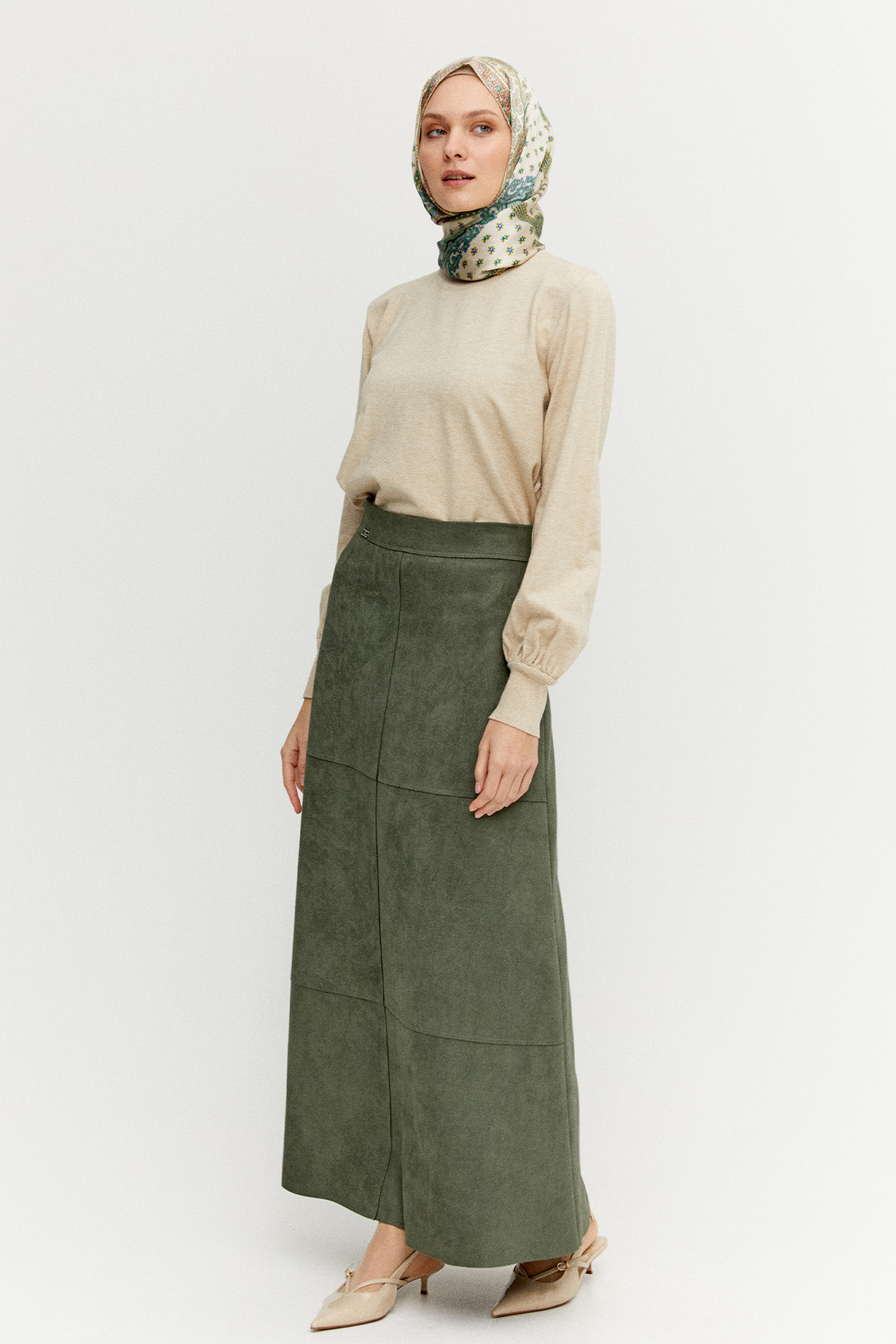 Parçalı Süet Görünümlü Etek, Tesettür Giyim