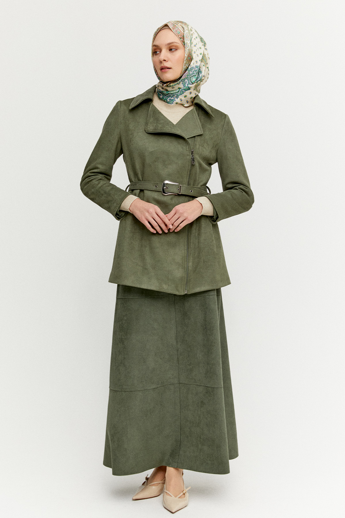 Parçalı Süet Görünümlü Etek, Tesettür Giyim