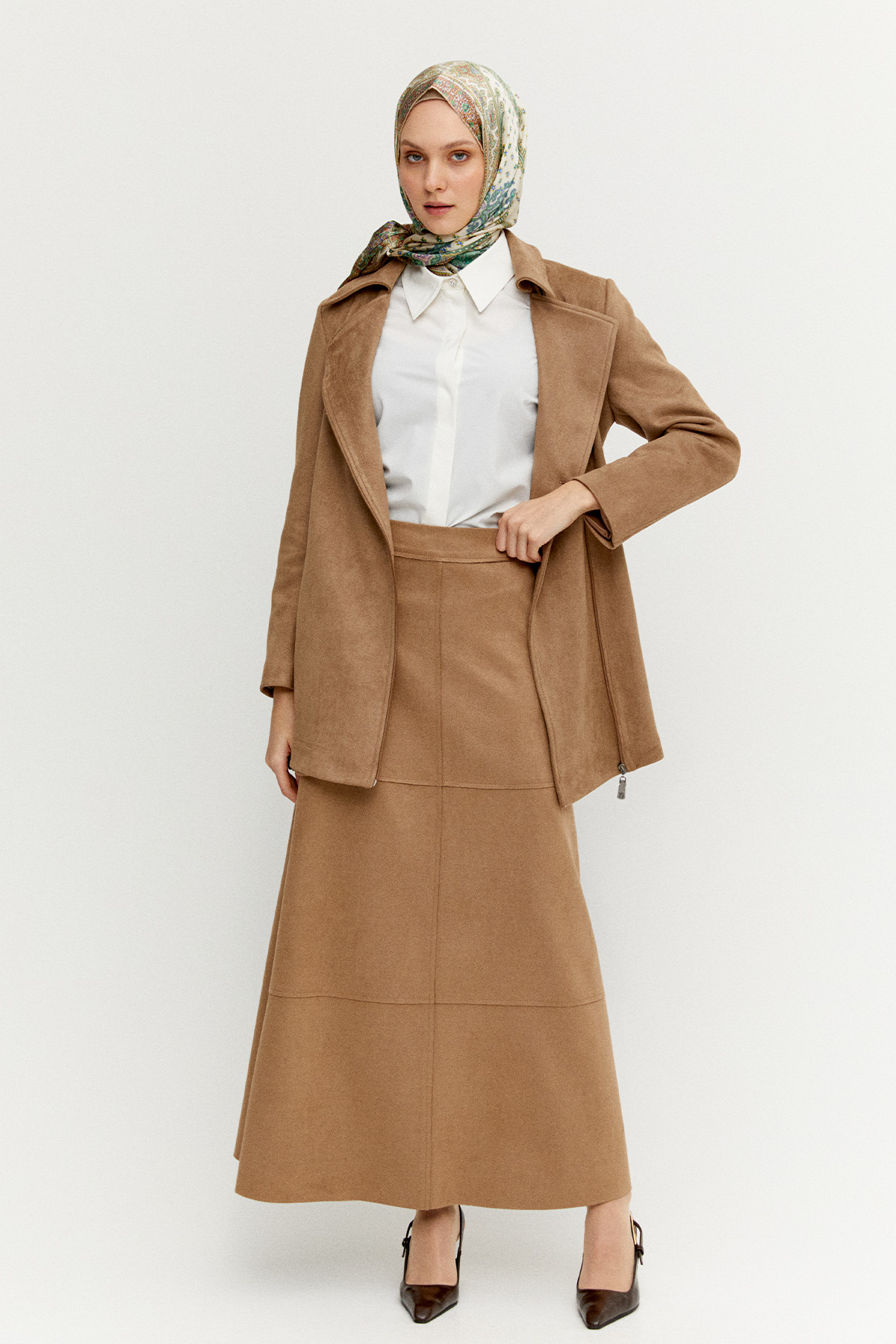 Parçalı Süet Görünümlü Etek, Tesettür Giyim