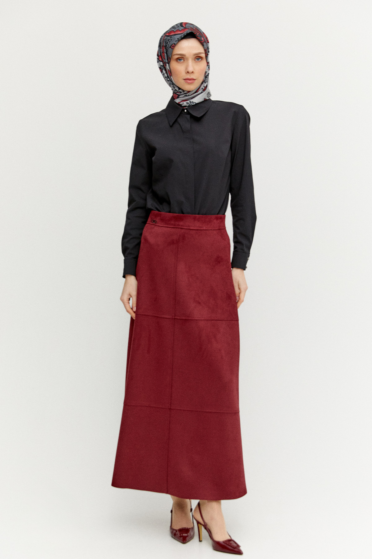 Parçalı Süet Görünümlü Etek, Tesettür Giyim