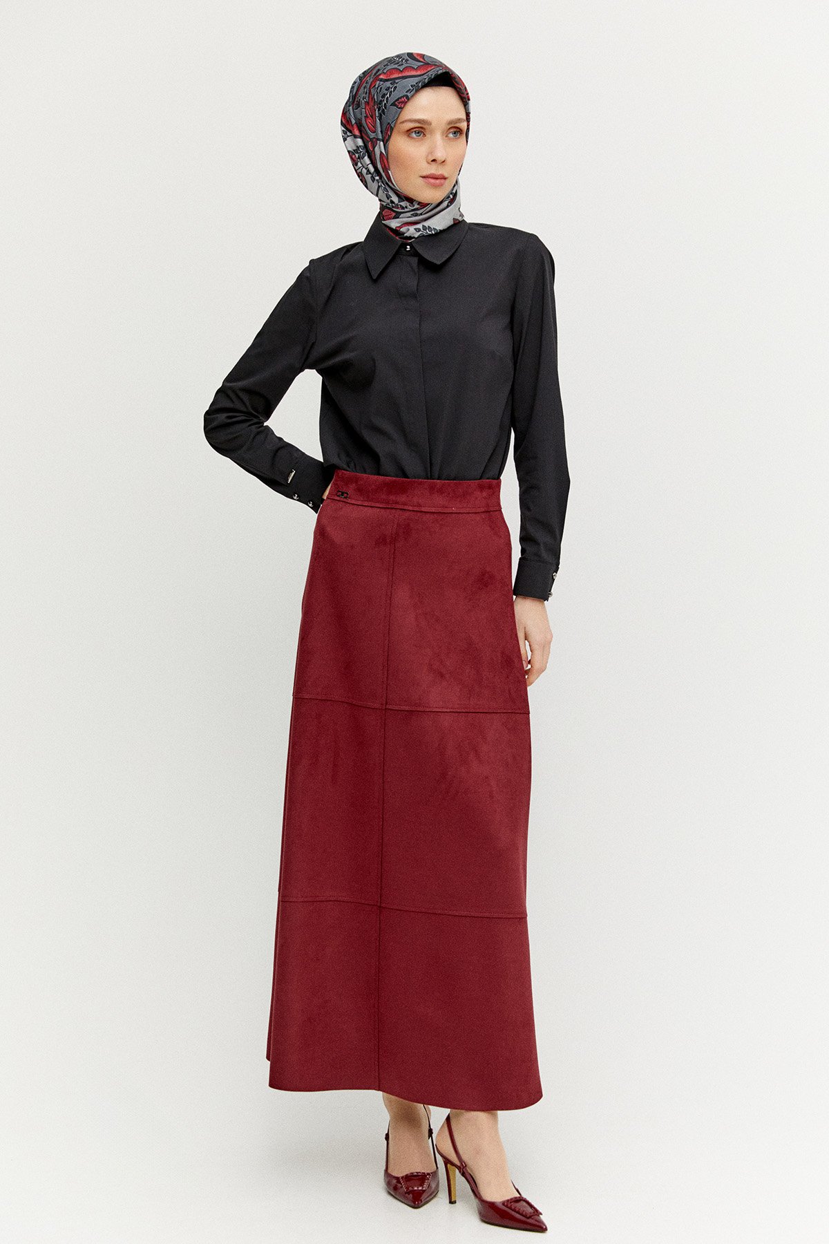 Parçalı Süet Görünümlü Etek, Tesettür Giyim