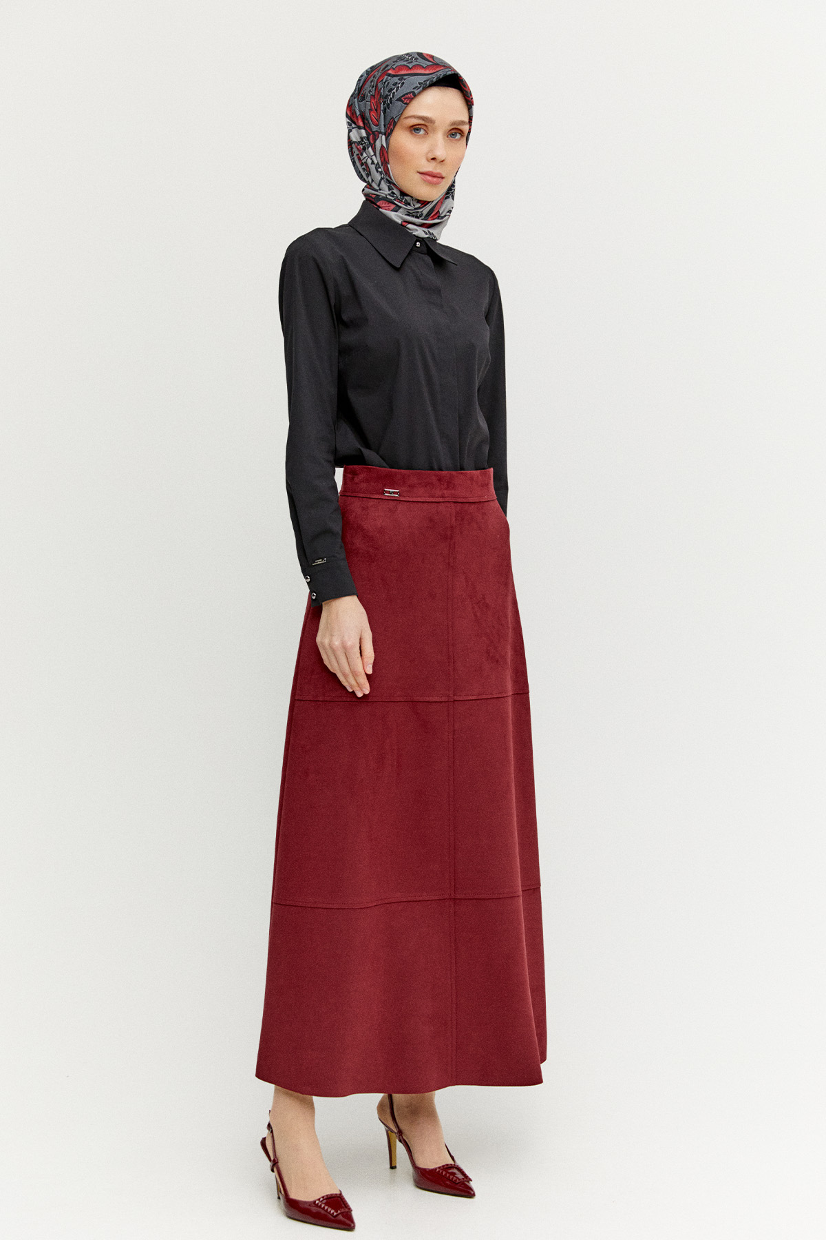 Parçalı Süet Görünümlü Etek, Tesettür Giyim