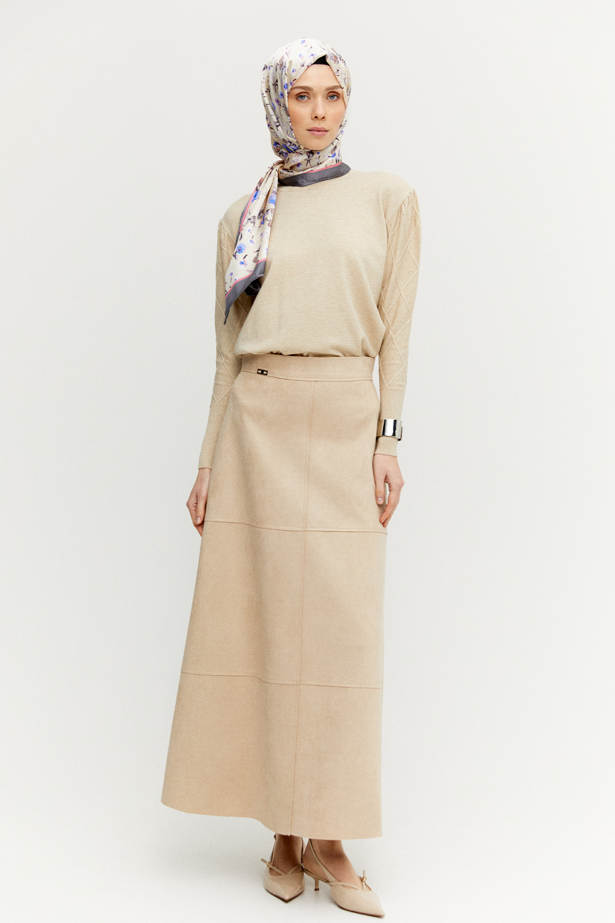 Parçalı Süet Görünümlü Etek, Tesettür Giyim