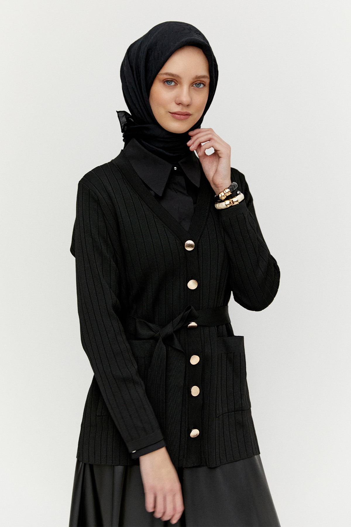 Çift Cepli Örme Triko Hırka, Tesettür Giyim