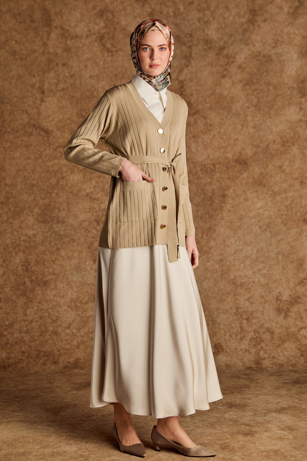 Çift Cepli Örme Triko Hırka, Tesettür Giyim