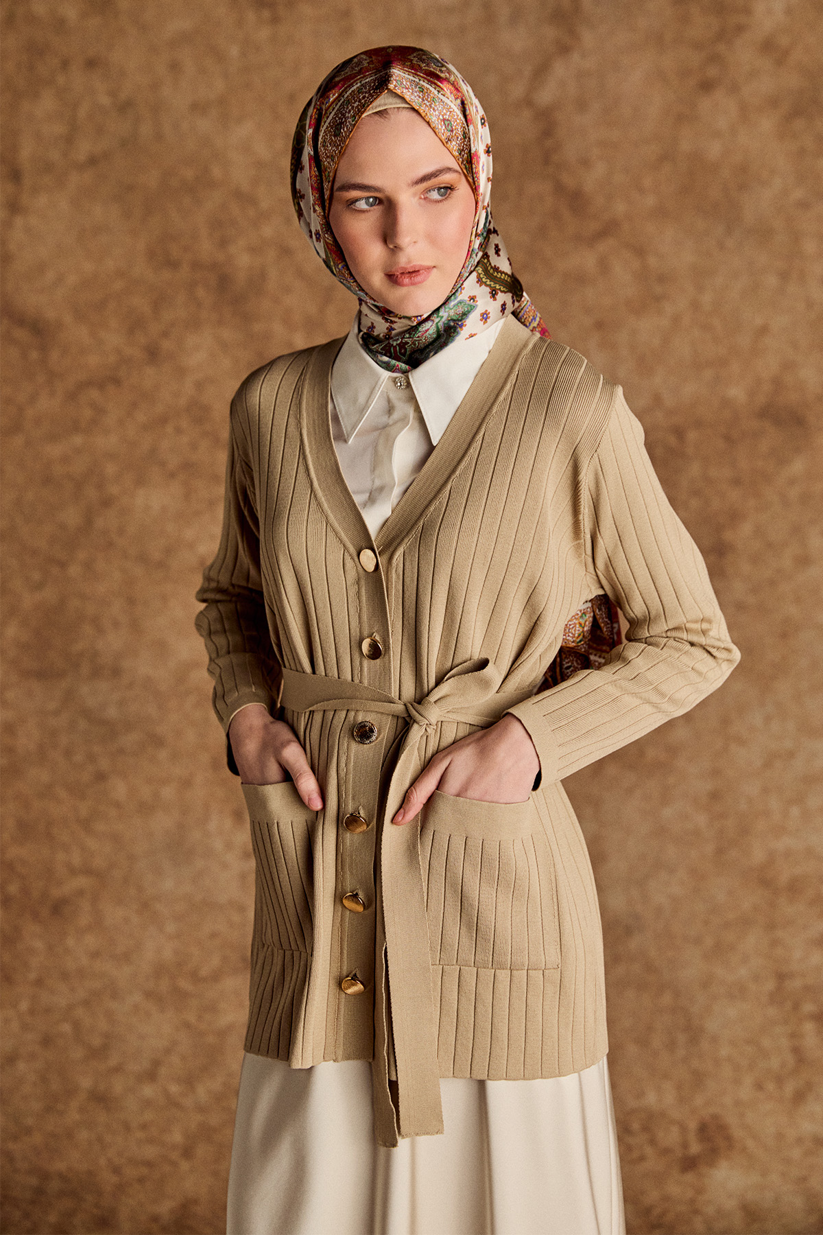 Çift Cepli Örme Triko Hırka, Tesettür Giyim