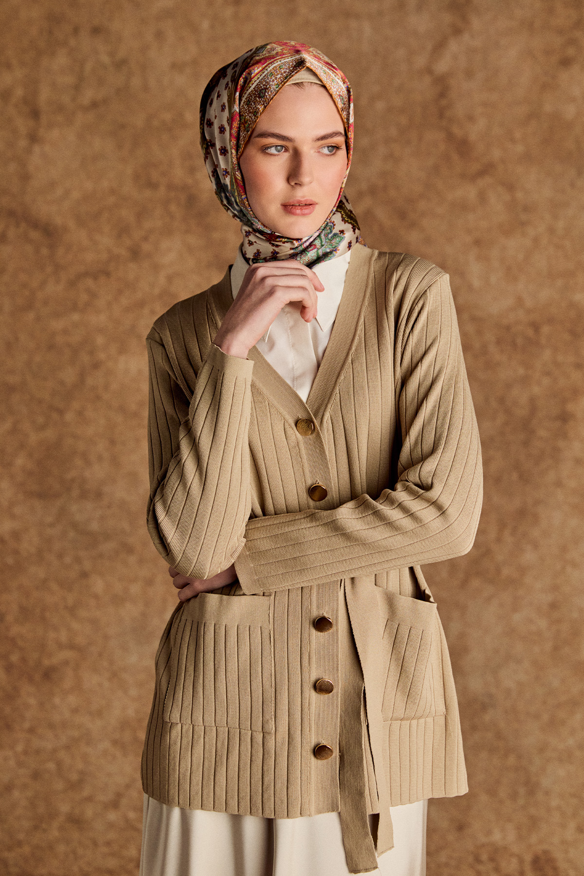 Çift Cepli Örme Triko Hırka, Tesettür Giyim