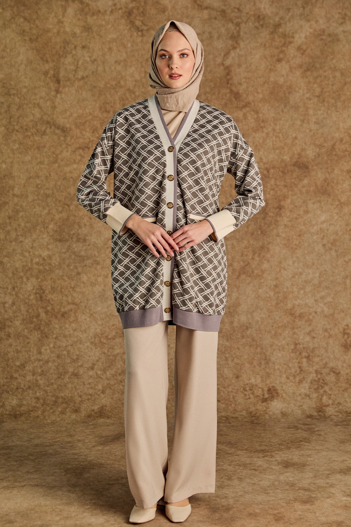 Desenli Ribanalı Triko Hırka, Tesettür Giyim