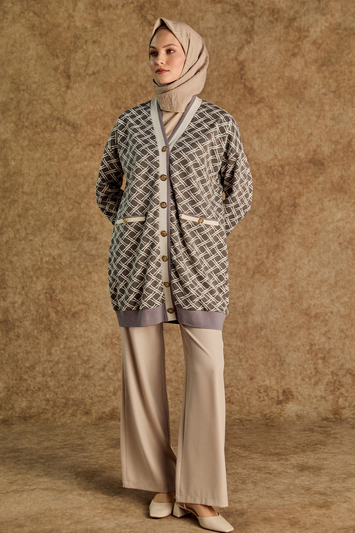 Desenli Ribanalı Triko Hırka, Tesettür Giyim