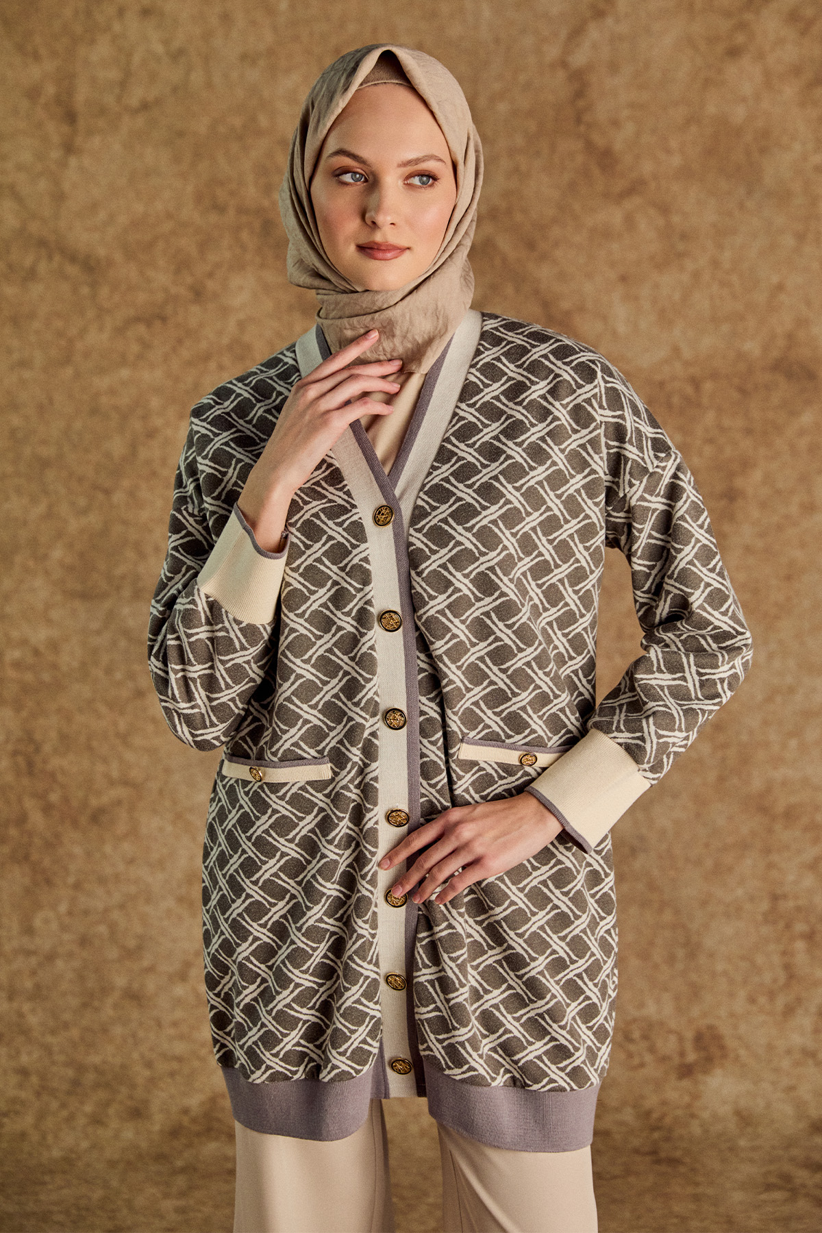 Desenli Ribanalı Triko Hırka, Tesettür Giyim