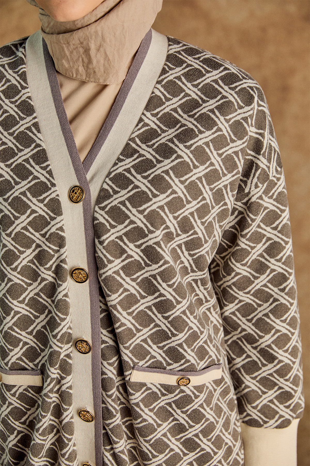 Desenli Ribanalı Triko Hırka, Tesettür Giyim