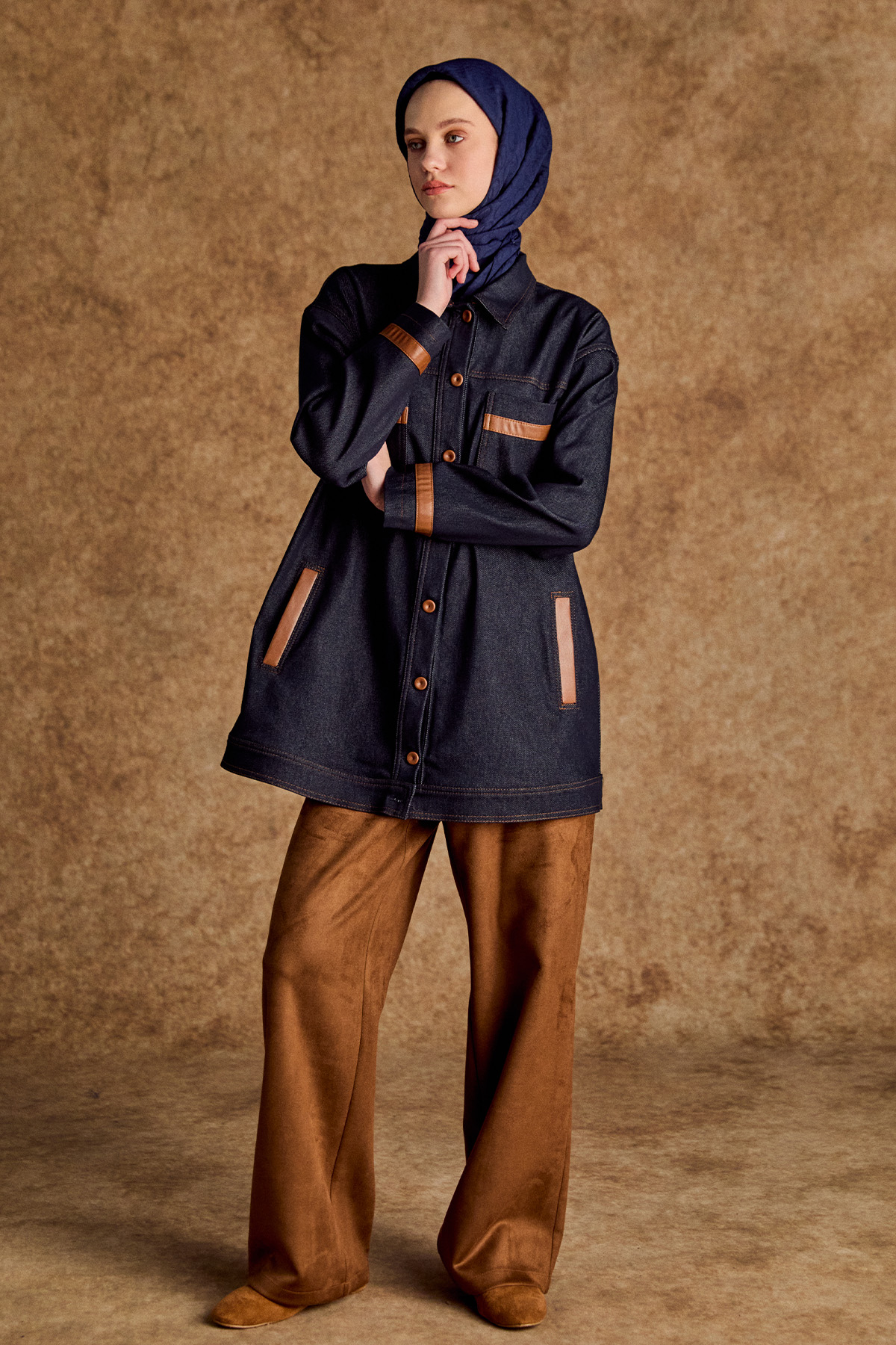 Deri Kombinli Kargo Cepli Kap, Tesettür Giyim