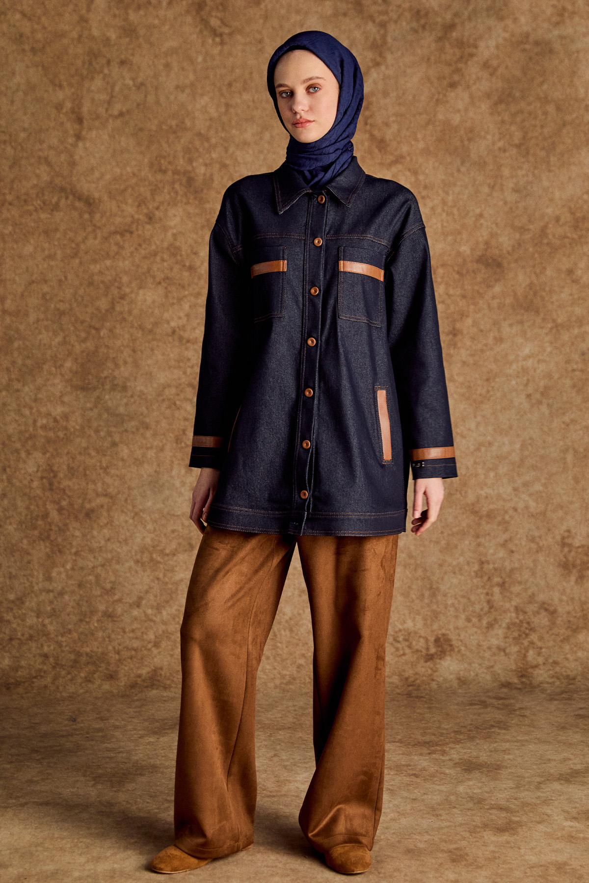 Deri Kombinli Kargo Cepli Kap, Tesettür Giyim