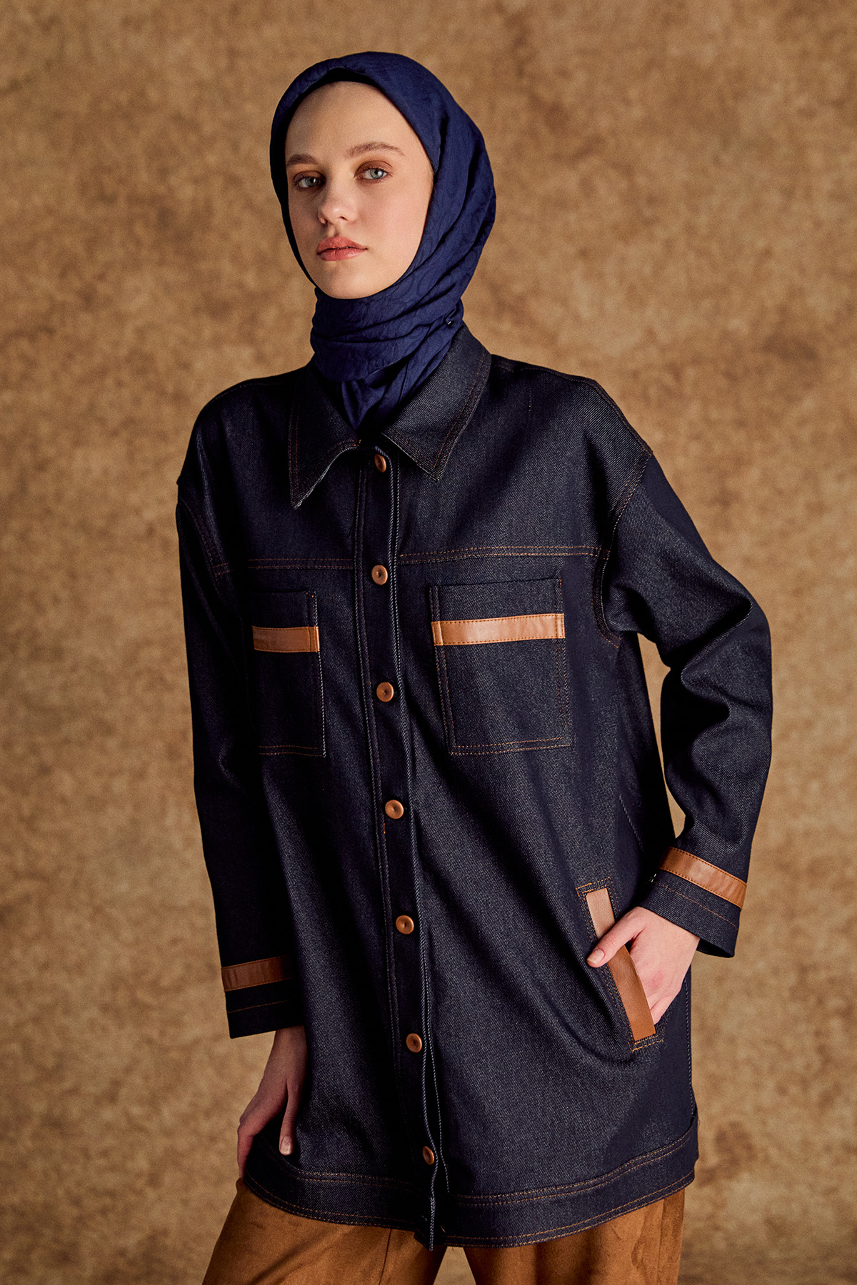 Deri Kombinli Kargo Cepli Kap, Tesettür Giyim