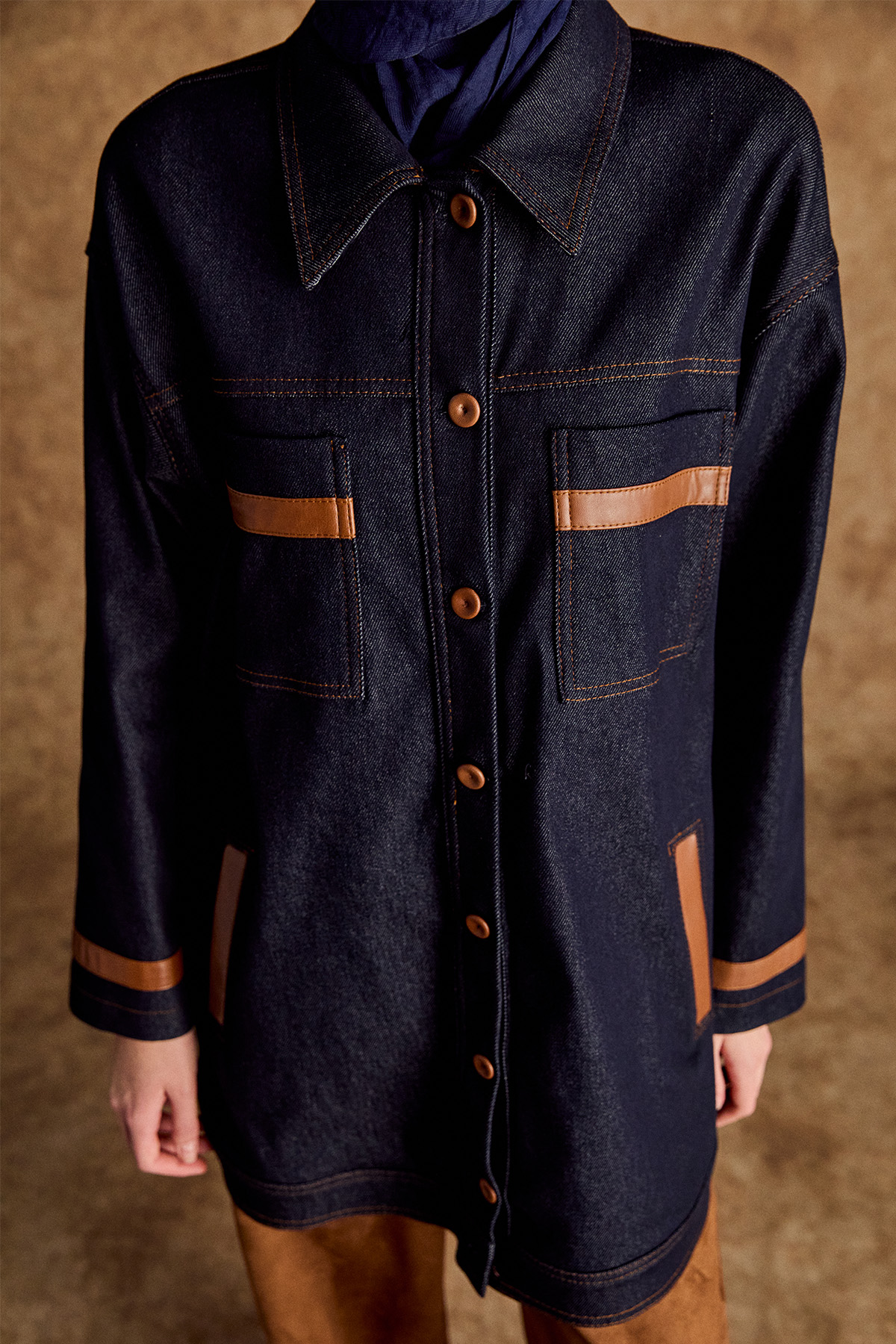 Deri Kombinli Kargo Cepli Kap, Tesettür Giyim