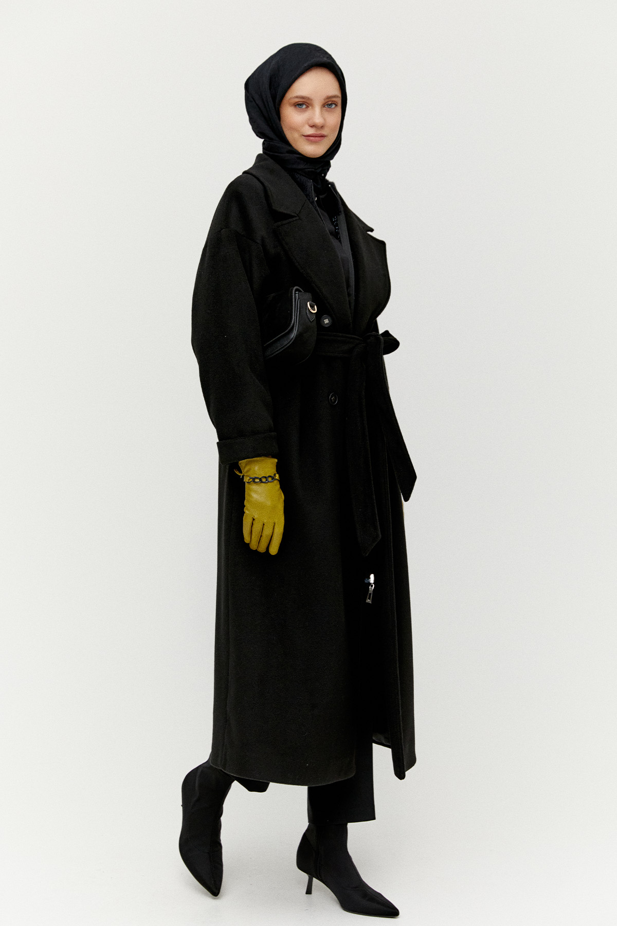 Kuşaklı Kruvaze Kaşe Kaban, Tesettür Giyim