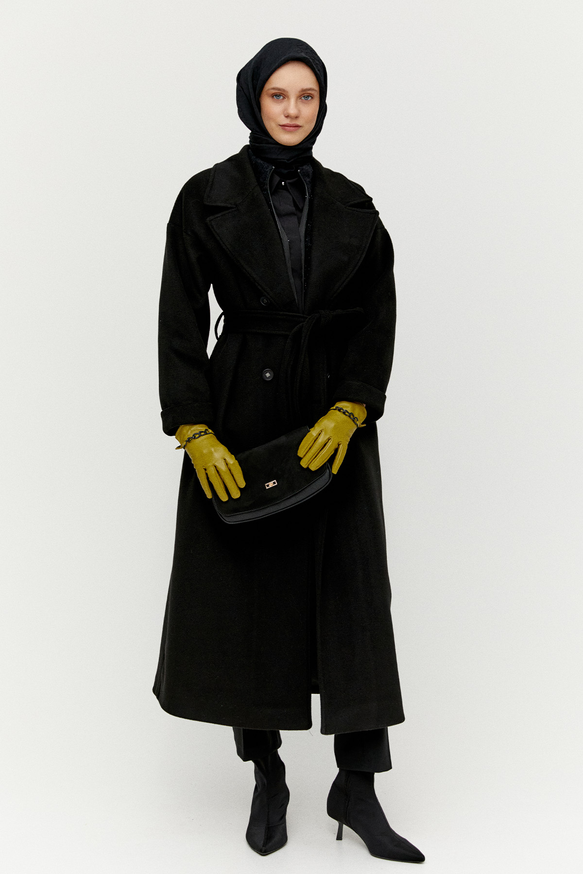 Kuşaklı Kruvaze Kaşe Kaban, Tesettür Giyim