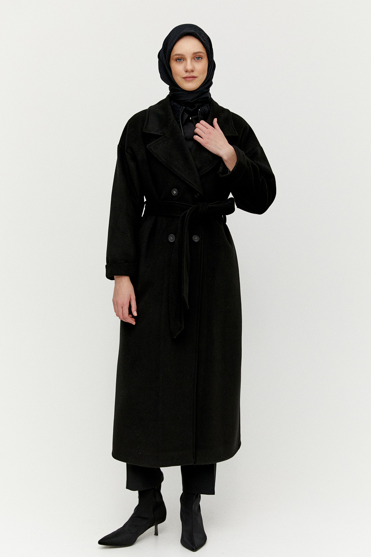 Kuşaklı Kruvaze Kaşe Kaban, Tesettür Giyim