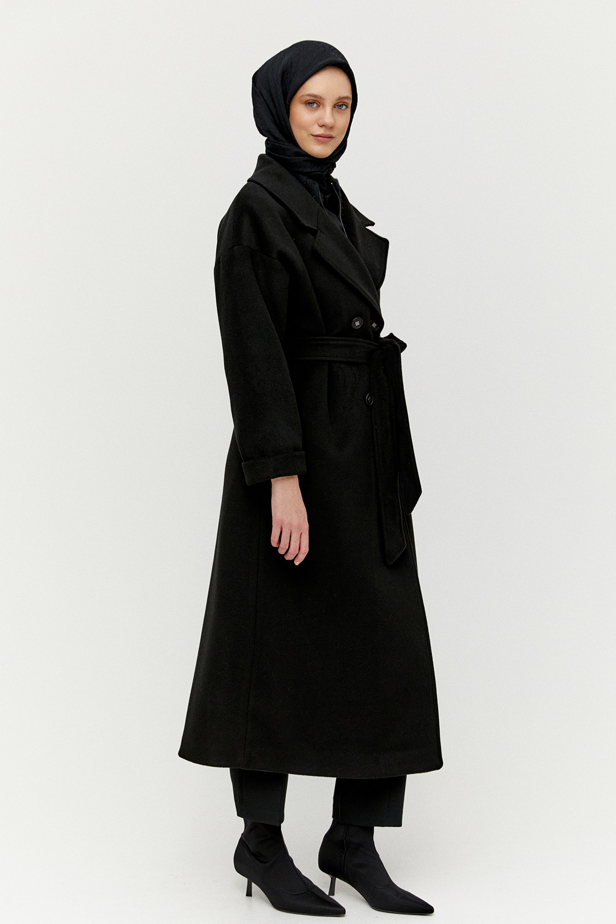 Kuşaklı Kruvaze Kaşe Kaban, Tesettür Giyim