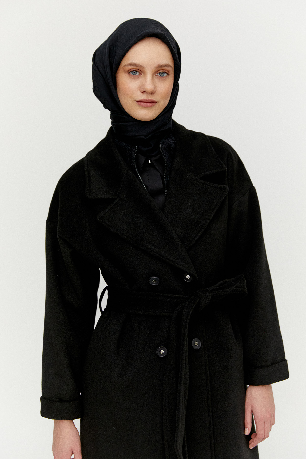 Kuşaklı Kruvaze Kaşe Kaban, Tesettür Giyim